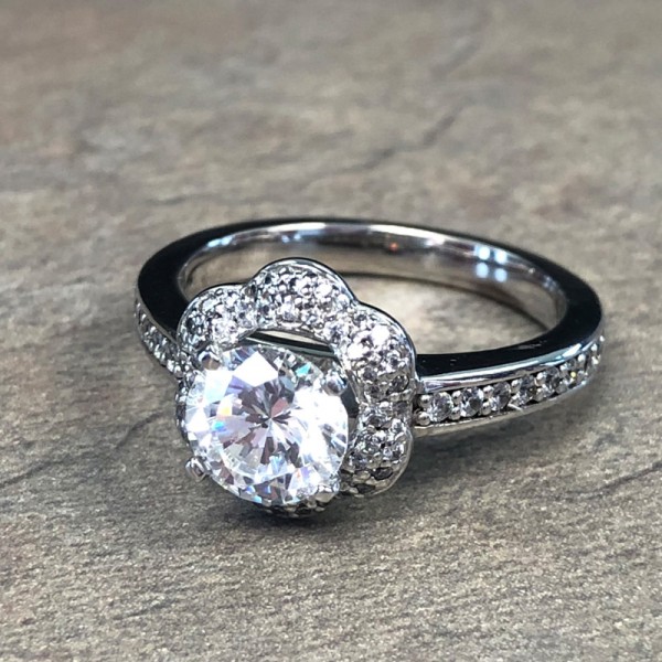 14K White Gold Round Floral Halo Engagement Ring